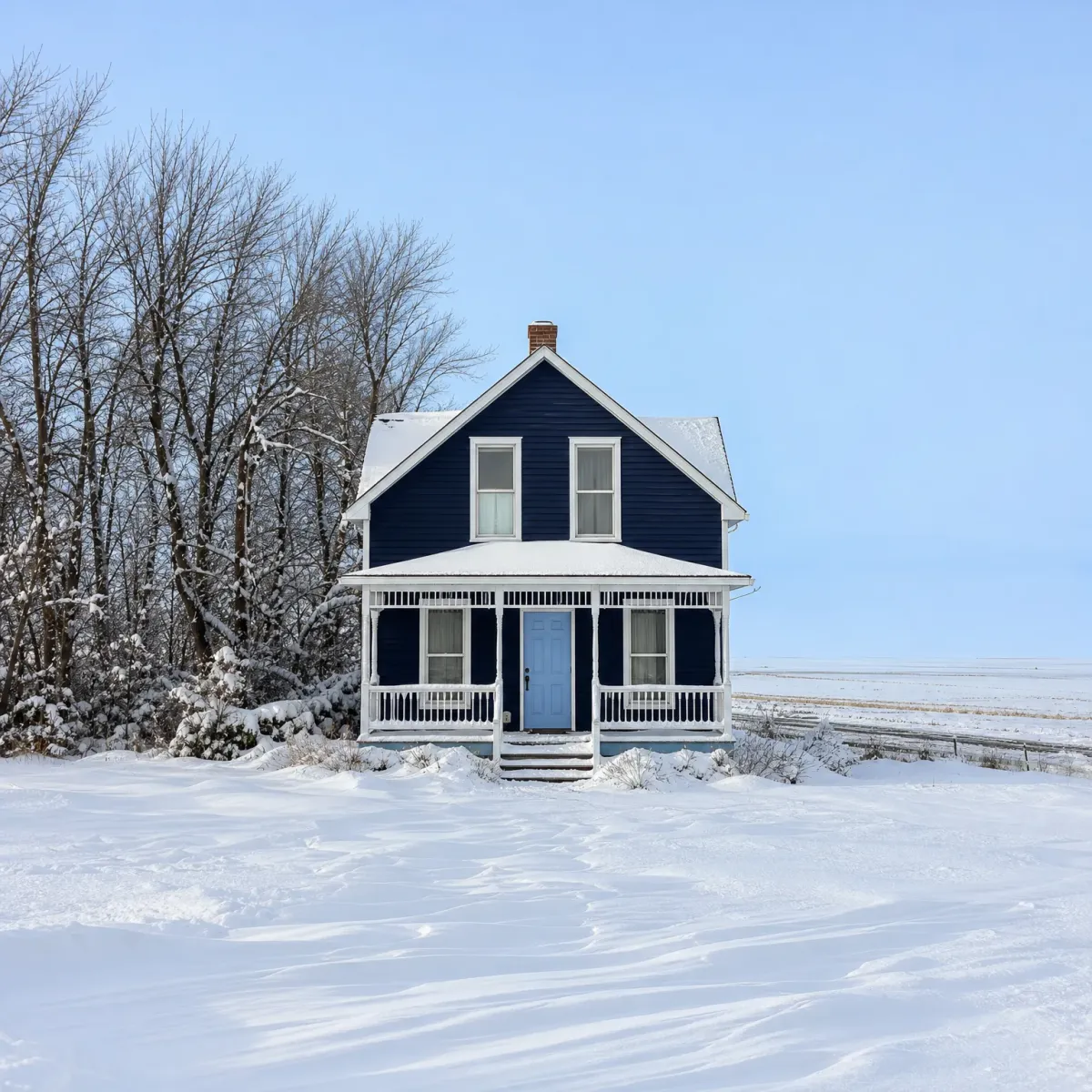 A two-story dark navy house with white trim, a covered front porch and a light blue front door stands in a snow-covered field beside bare trees under a clear sky.