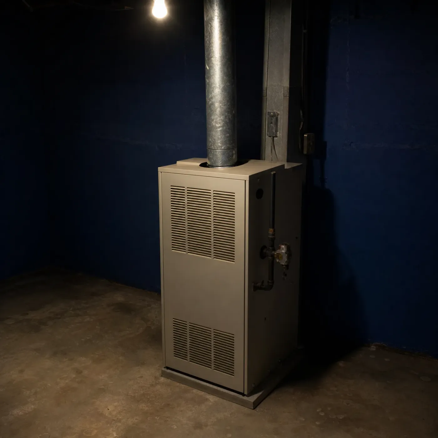 A beige sheet-metal furnace with louvered vent panels and side gas piping stands in a basement corner against dark blue painted walls, with a galvanized flue pipe rising to the ceiling and a bare light bulb overhead.