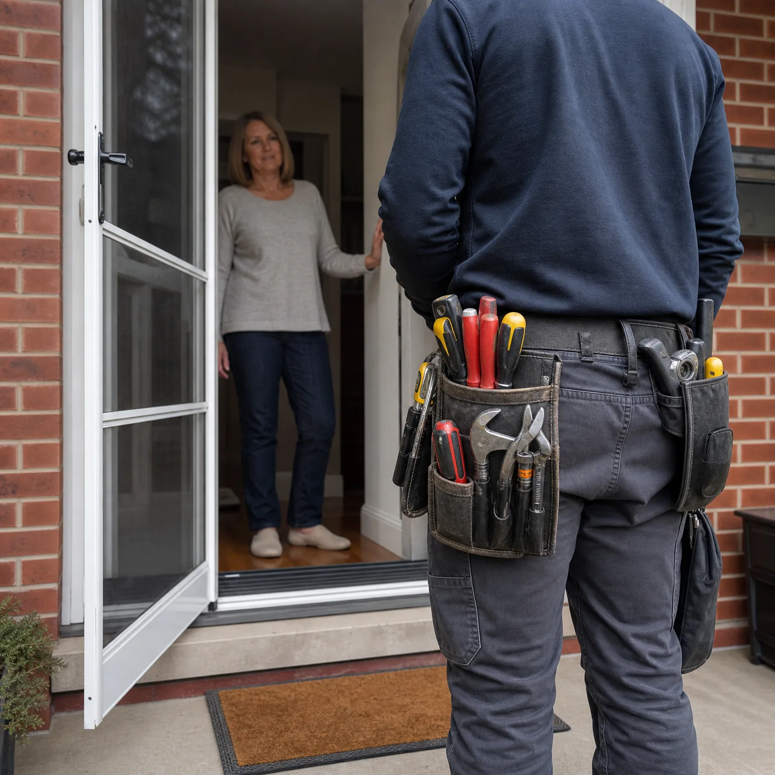 A person seen from behind wearing a dark long-sleeved shirt and a tool belt with screwdrivers, pliers and a hammer stands at an open glass door of a brick house, facing a woman standing inside the entryway.