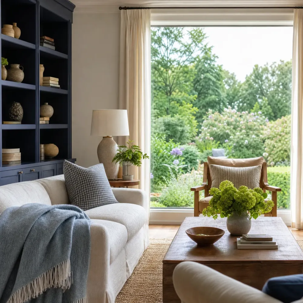 A living room with a white sofa and blue throw, navy built-in shelves holding pottery and books, a wooden coffee table with a bowl and green hydrangeas, and a large curtained window overlooking a garden.