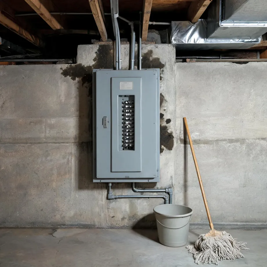 A gray electrical breaker panel with its door open, mounted on a stained concrete basement wall with exposed joists, ductwork and conduit above, and a plastic bucket and mop on the floor to the right.