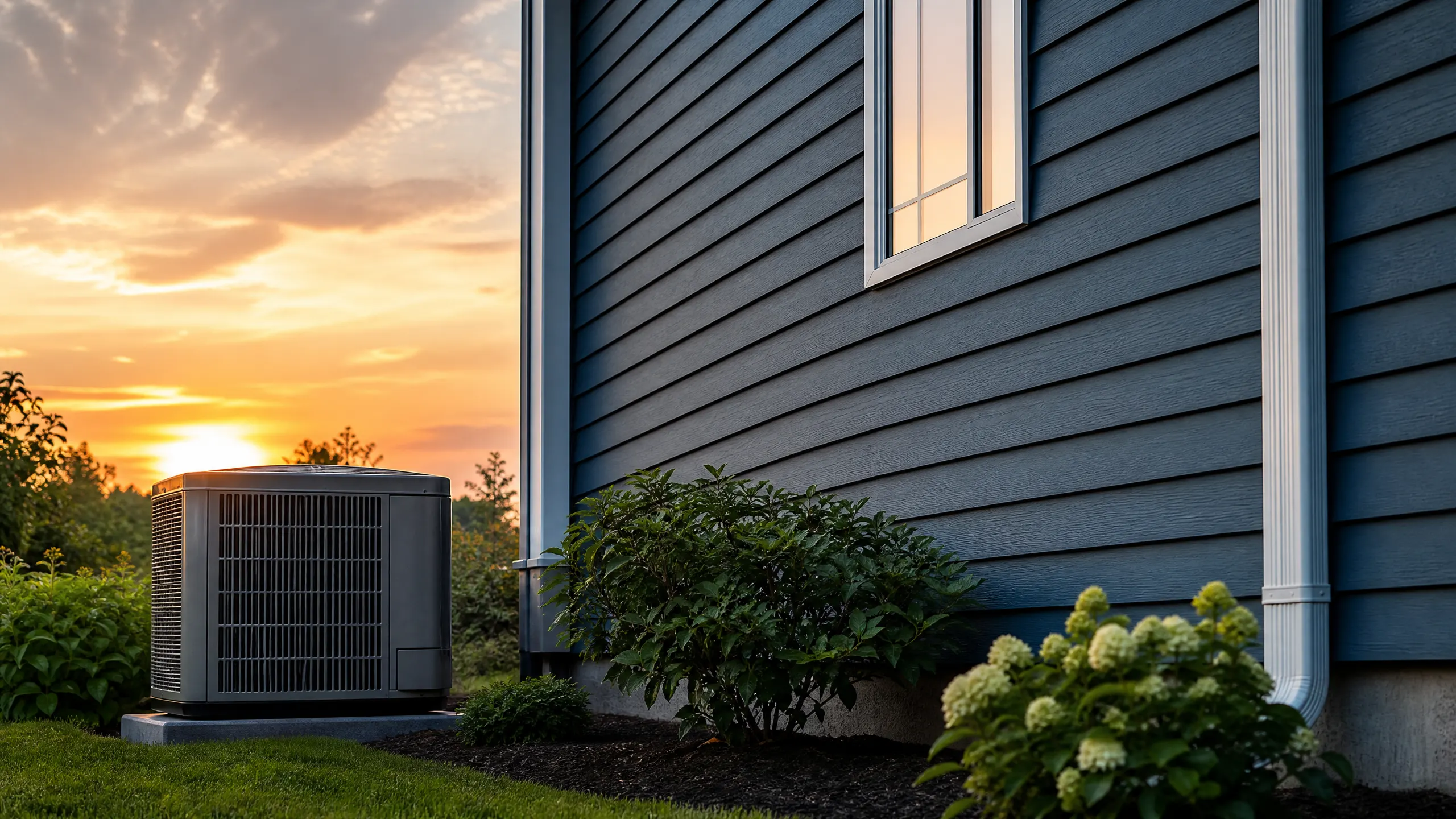 An outdoor air conditioning condenser unit positioned on a concrete pad next to a blue-sided house, surrounded by green shrubs and flowering hydrangeas at sunset.