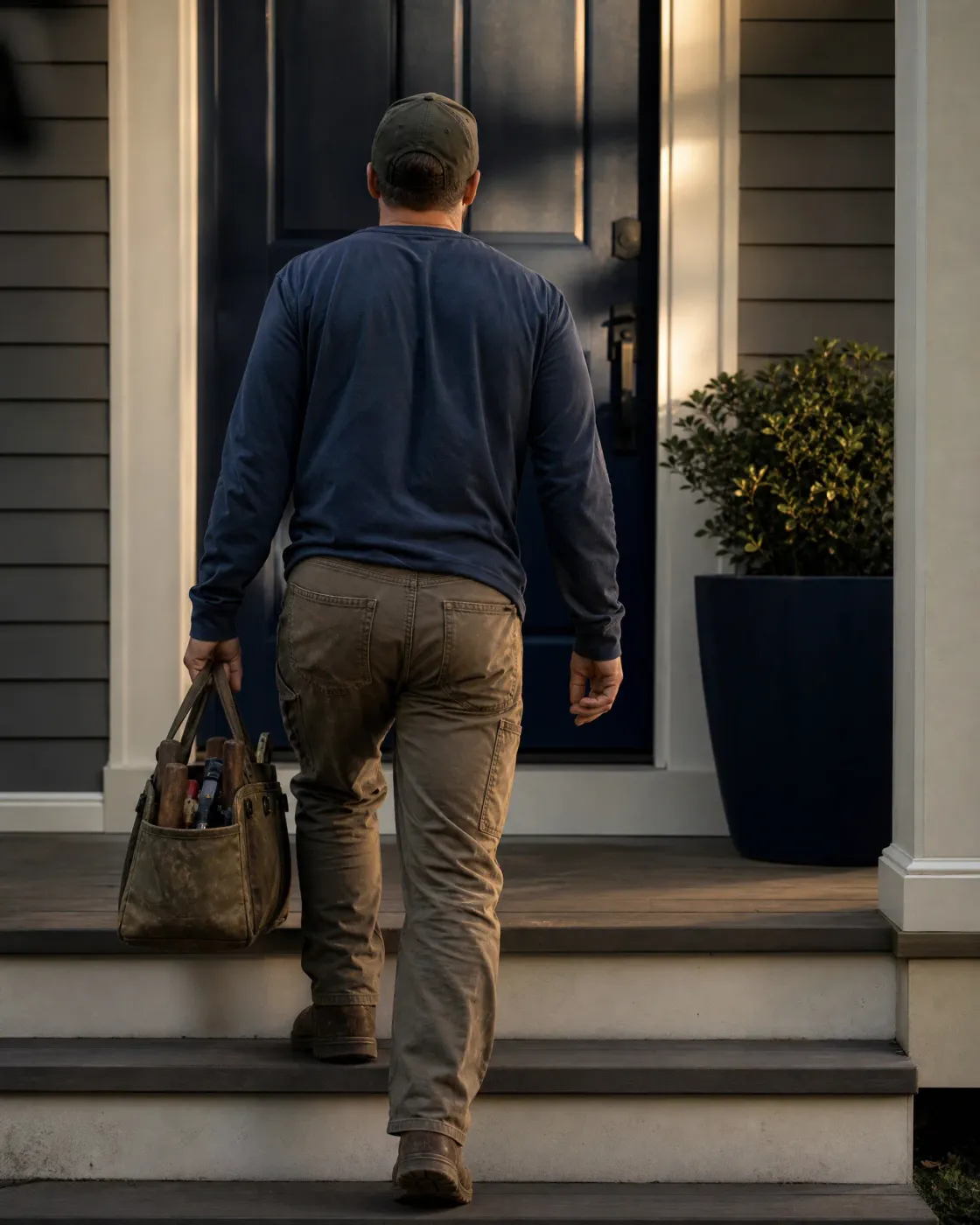 A man in a cap, navy long-sleeve shirt and tan work pants carries a canvas tool bag up steps toward a dark front door, with a potted shrub beside the porch.