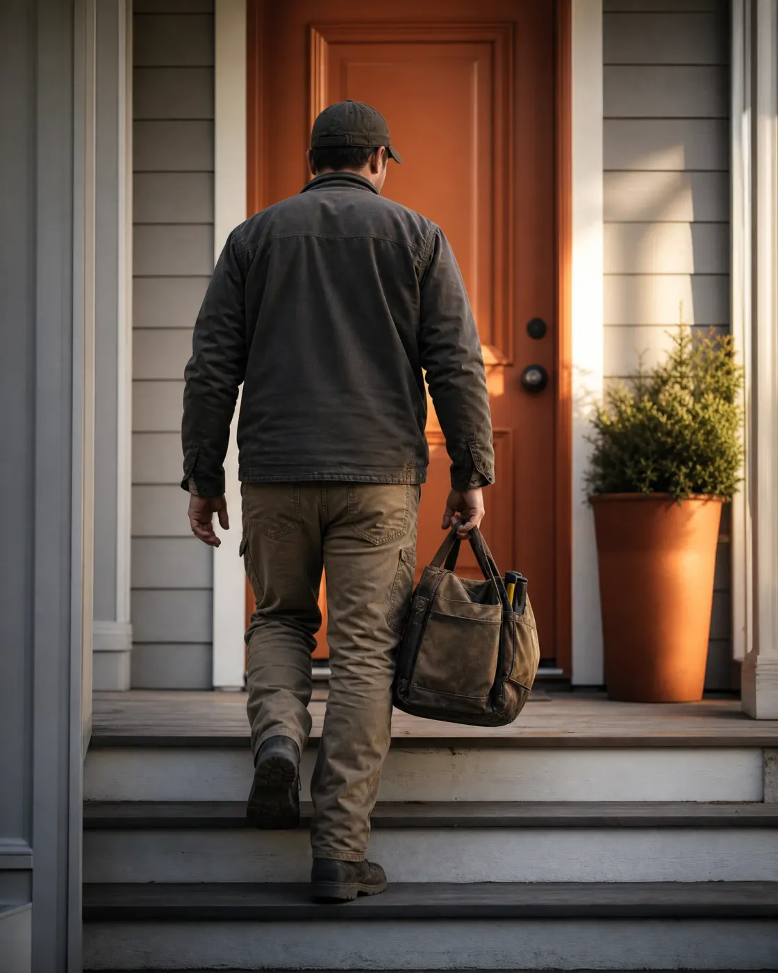 A man in a cap, dark jacket and tan work pants carries a canvas tool bag up concrete porch steps toward an orange front door, with a potted shrub beside the entry.