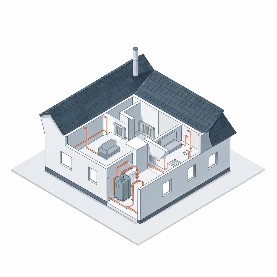 Isometric cutaway illustration of a single-storey house showing a wall-mounted boiler, orange heating pipes, radiators and furniture inside white-walled rooms under a dark tiled roof with a chimney.