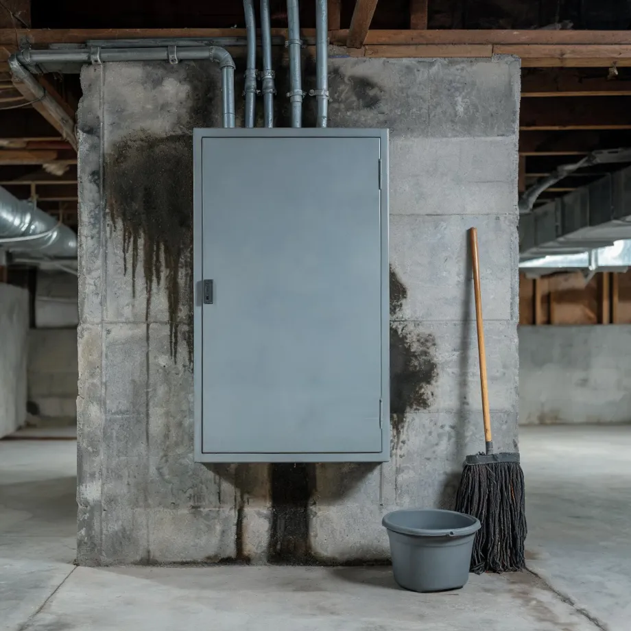 A gray metal electrical panel cabinet mounted on a stained concrete block wall in a basement, with conduit pipes running to the ceiling joists and a mop and plastic bucket on the floor to the right.