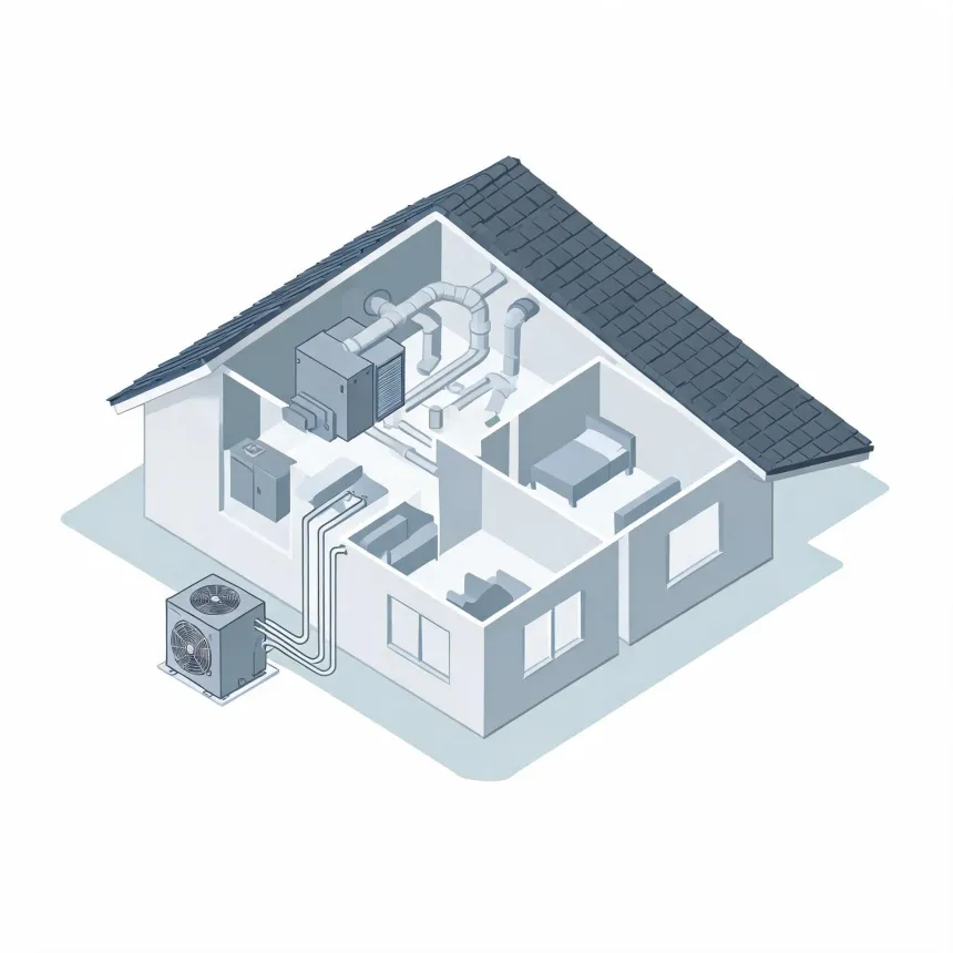 Isometric cutaway illustration of a single-story house showing interior rooms, ductwork and an air handler in the attic space, and an outdoor condenser unit connected by lines at the exterior wall.