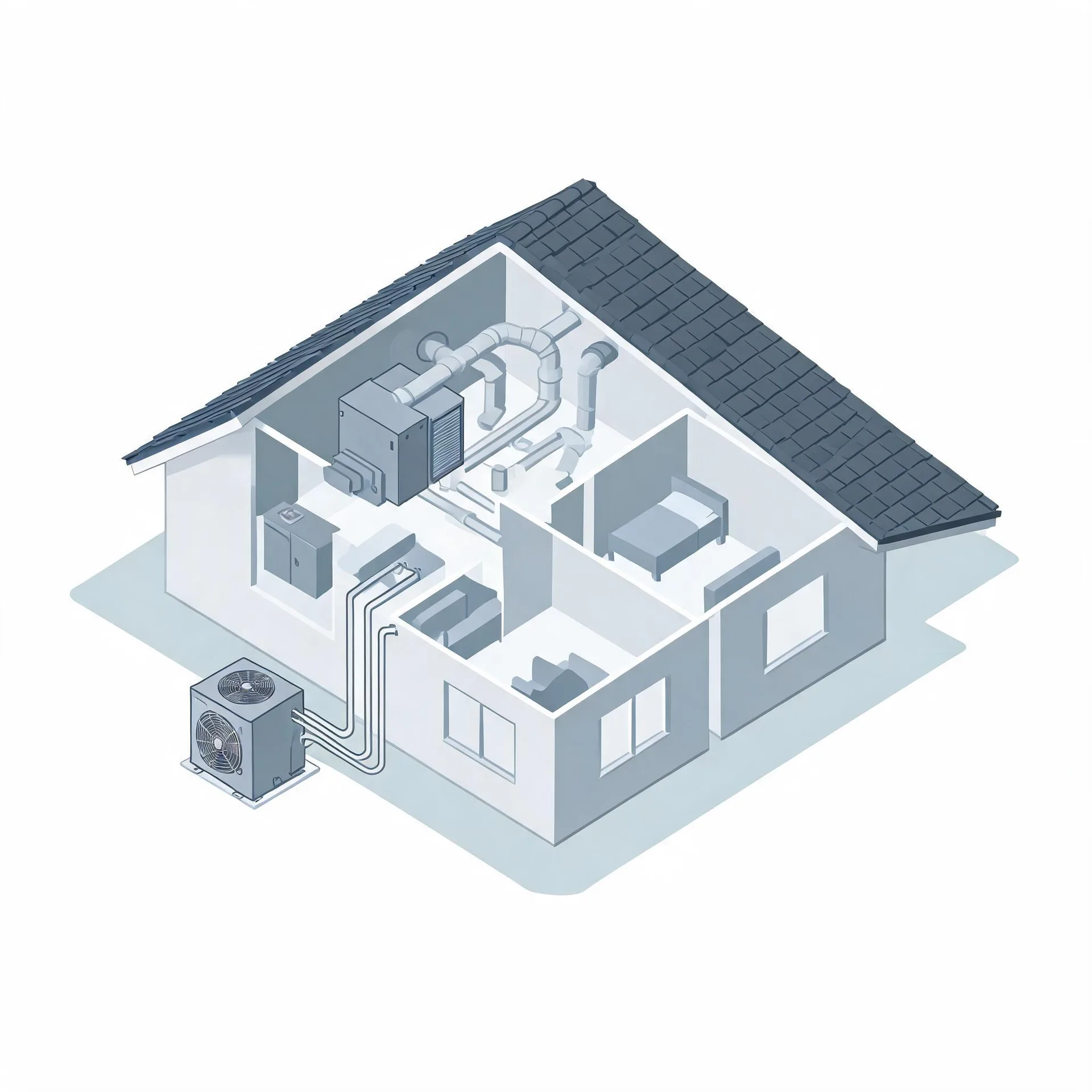 Isometric cutaway illustration of a single-story house showing interior rooms, ductwork and an air handler in the attic space, and an outdoor condenser unit connected by lines at the exterior wall.