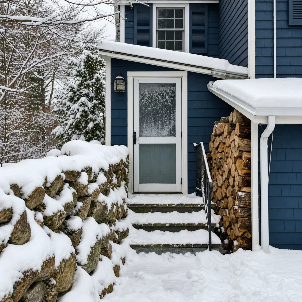Snow-covered entrance to a blue shingled house with a white storm door, stone steps, a dry stone wall topped with snow, and a stacked firewood pile under the eaves.