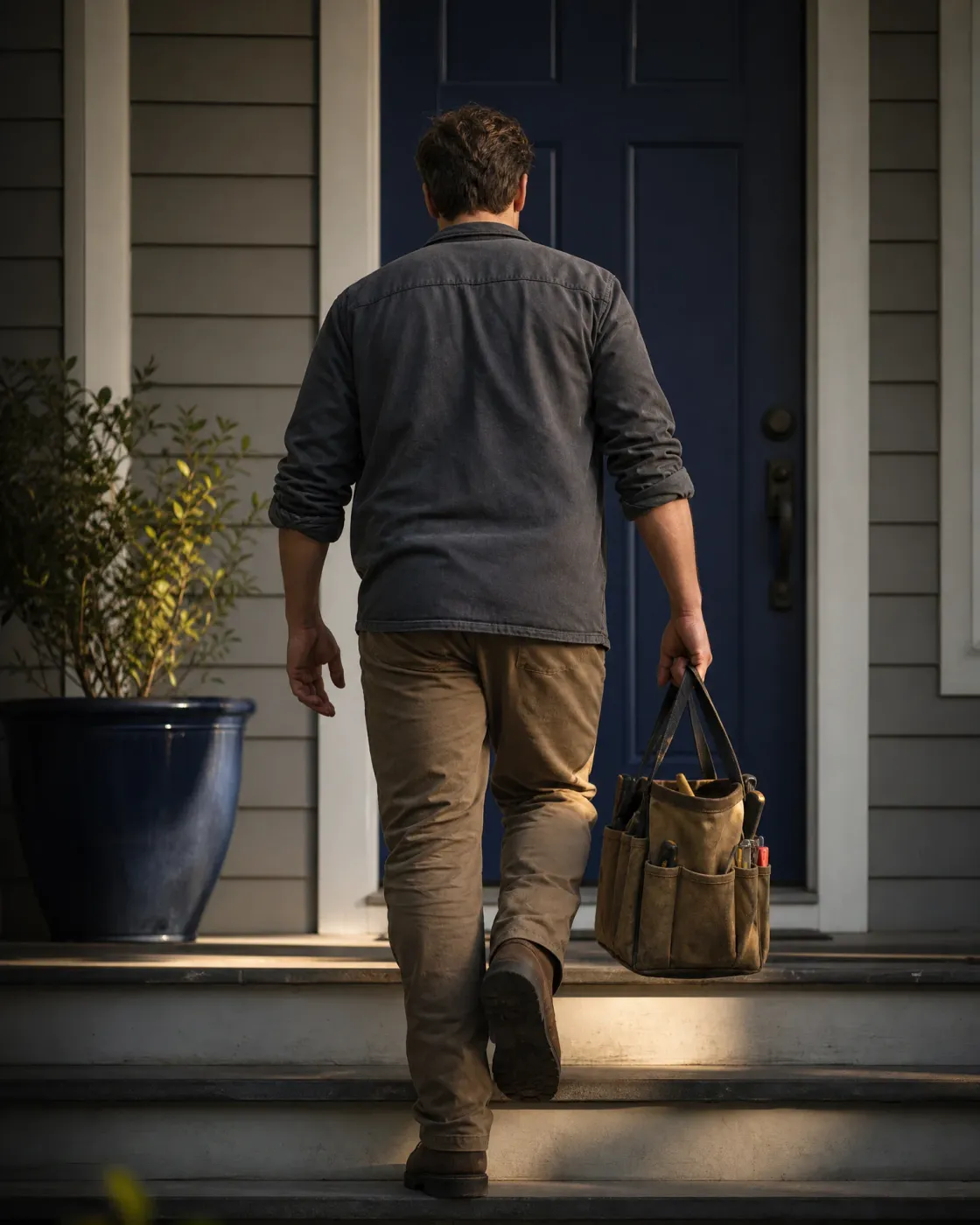 A man seen from behind in a dark shirt and tan pants climbs concrete steps toward a navy blue front door, carrying a canvas tool tote in his right hand, with a large blue planter and shrub to the left.
