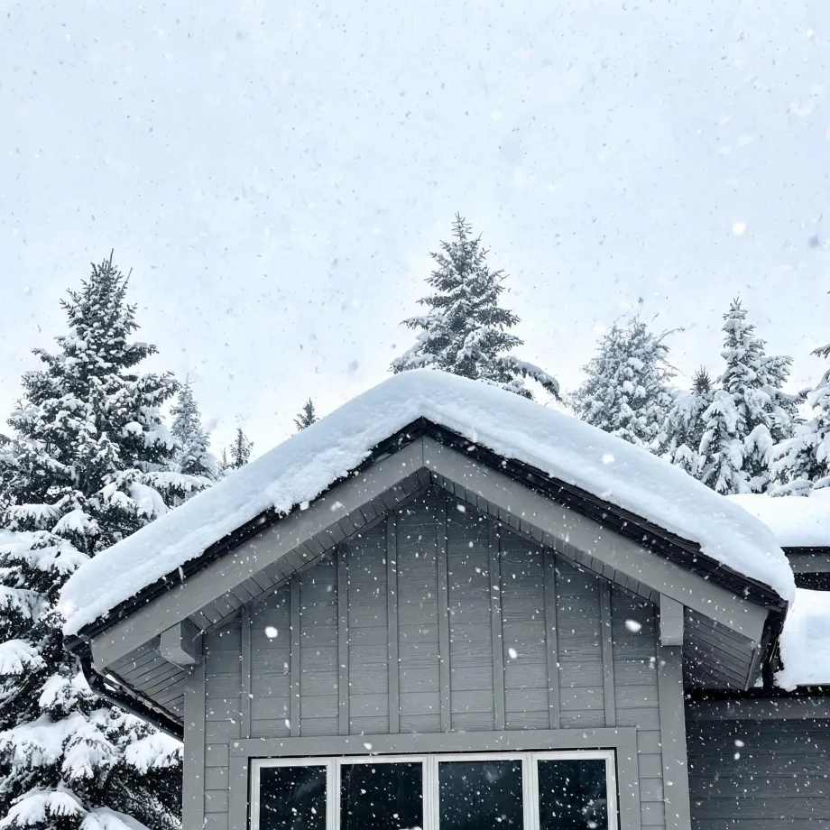 Gable end of a gray board-and-batten house with a thick layer of snow on the roof, surrounded by snow-covered conifer trees during falling snow.