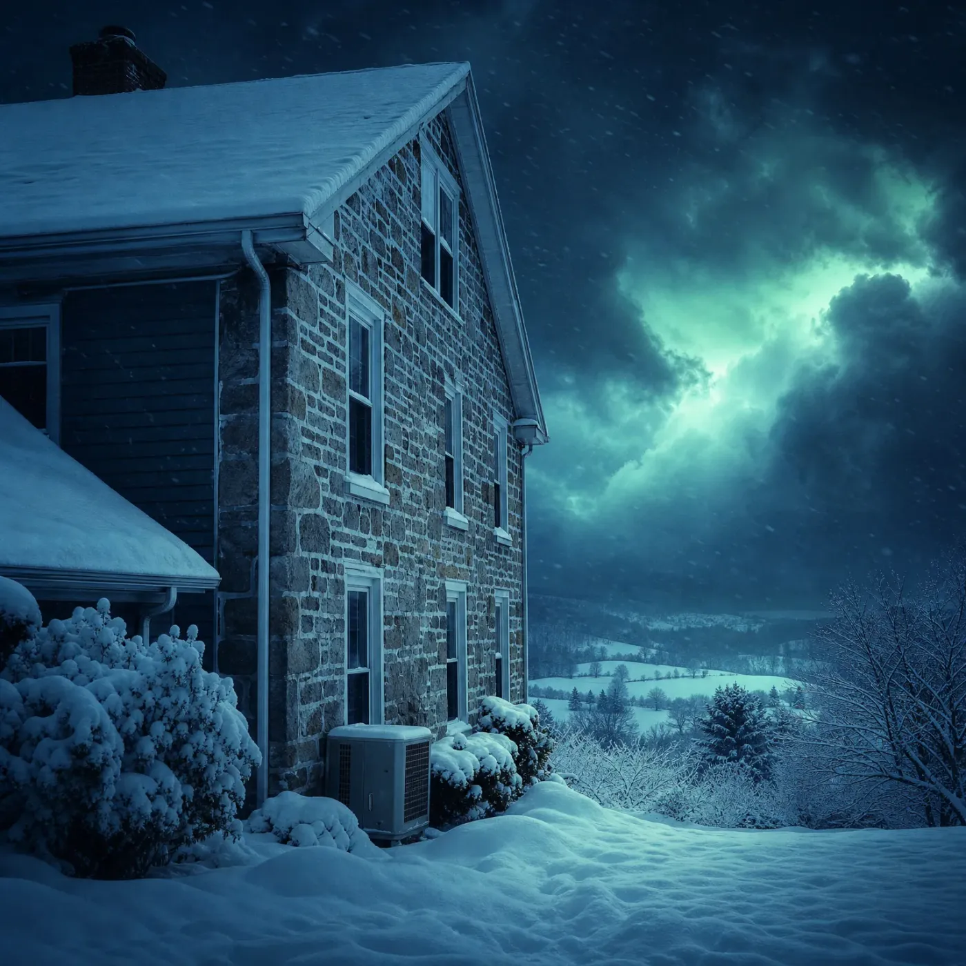 A stone house with a snow-covered roof and chimney at night, with an outdoor condenser unit and snow-laden shrubs beside it, overlooking a snowy valley under a dark cloudy sky.