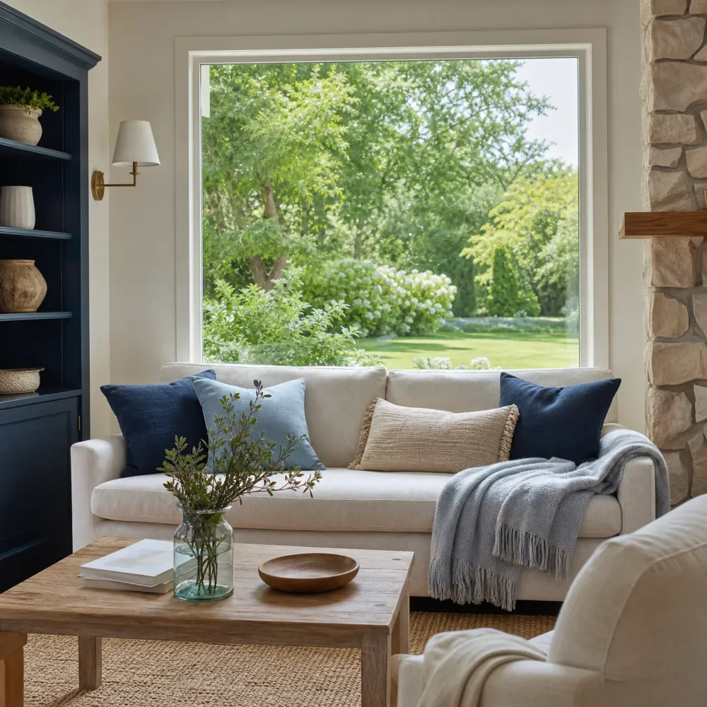 Living room with a cream sofa holding navy and blue cushions and a grey fringed throw, a wooden coffee table with a glass vase of greenery, a dark blue built-in shelving unit, a stone column, and a large window looking onto a green garden.