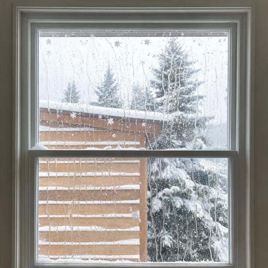 View through a condensation- and water-streaked double-hung window of a snow-covered wood-sided building and snow-laden conifer trees.