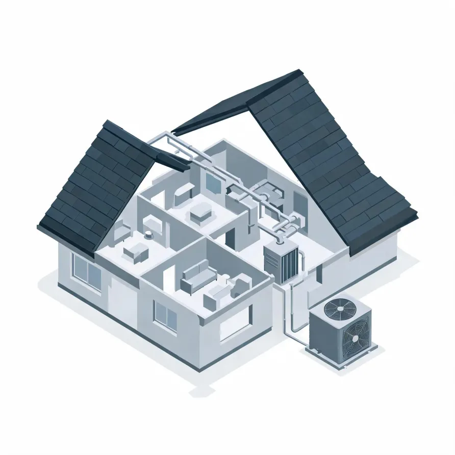 Isometric grayscale illustration of a cutaway house with the roof lifted, showing interior rooms, ductwork, an indoor air handler, and an outdoor condenser unit beside the building.