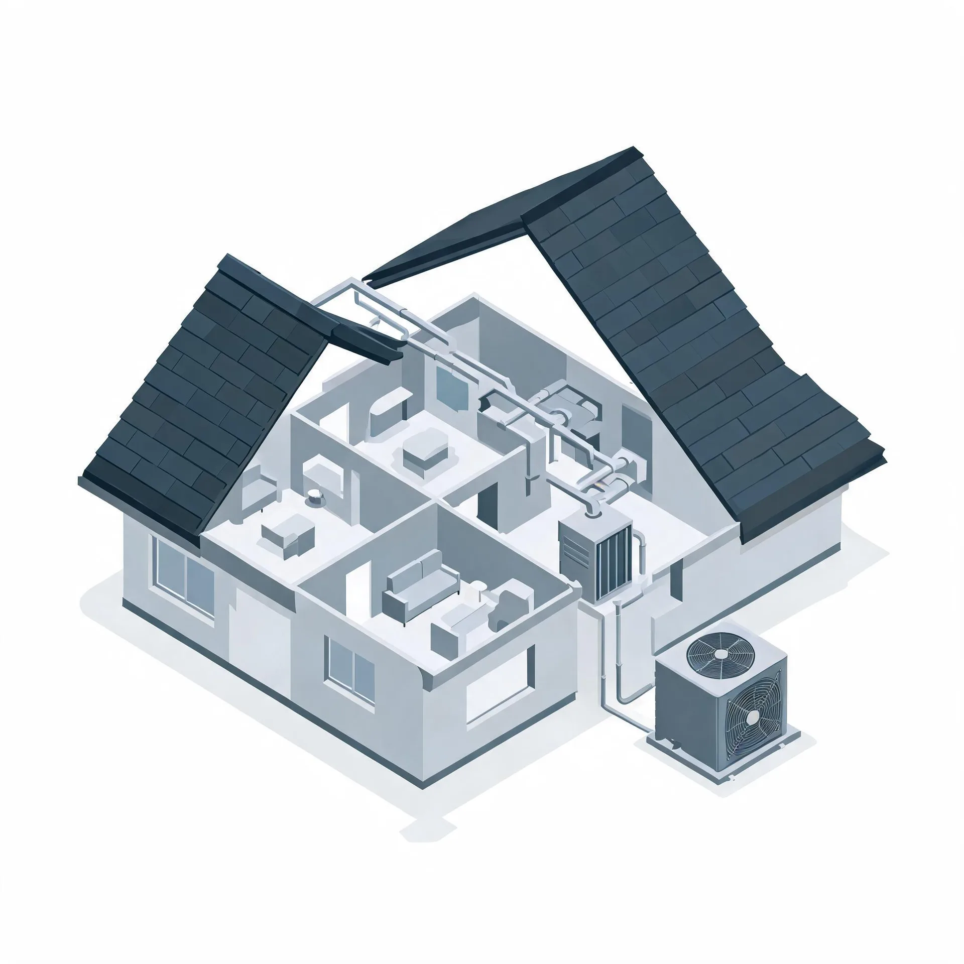 Isometric grayscale illustration of a cutaway house with the roof lifted, showing interior rooms, ductwork, an indoor air handler, and an outdoor condenser unit beside the building.