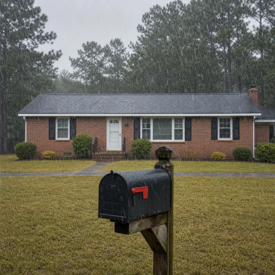 A black mailbox with a raised red flag on a weathered wooden post in the foreground, with a single-story red brick house with a gray shingled roof and pine trees behind it during rainfall.