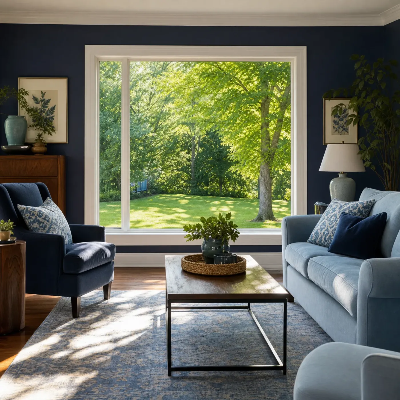 A living room with navy walls, a dark blue armchair, a light blue sofa with patterned pillows, a wood and metal coffee table on a blue patterned rug, and a large white-framed window showing green trees and a sunlit lawn.