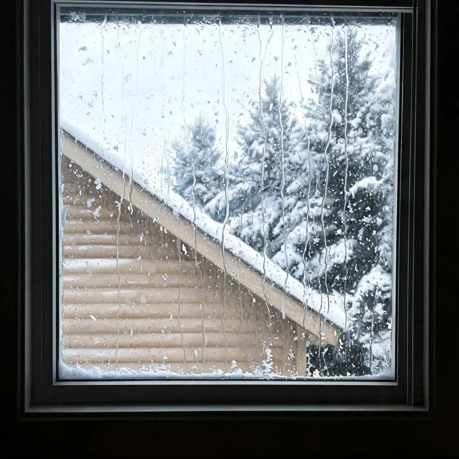 View through a condensation-streaked window of a snow-covered log building roof and snow-laden conifer trees under a bright overcast sky.