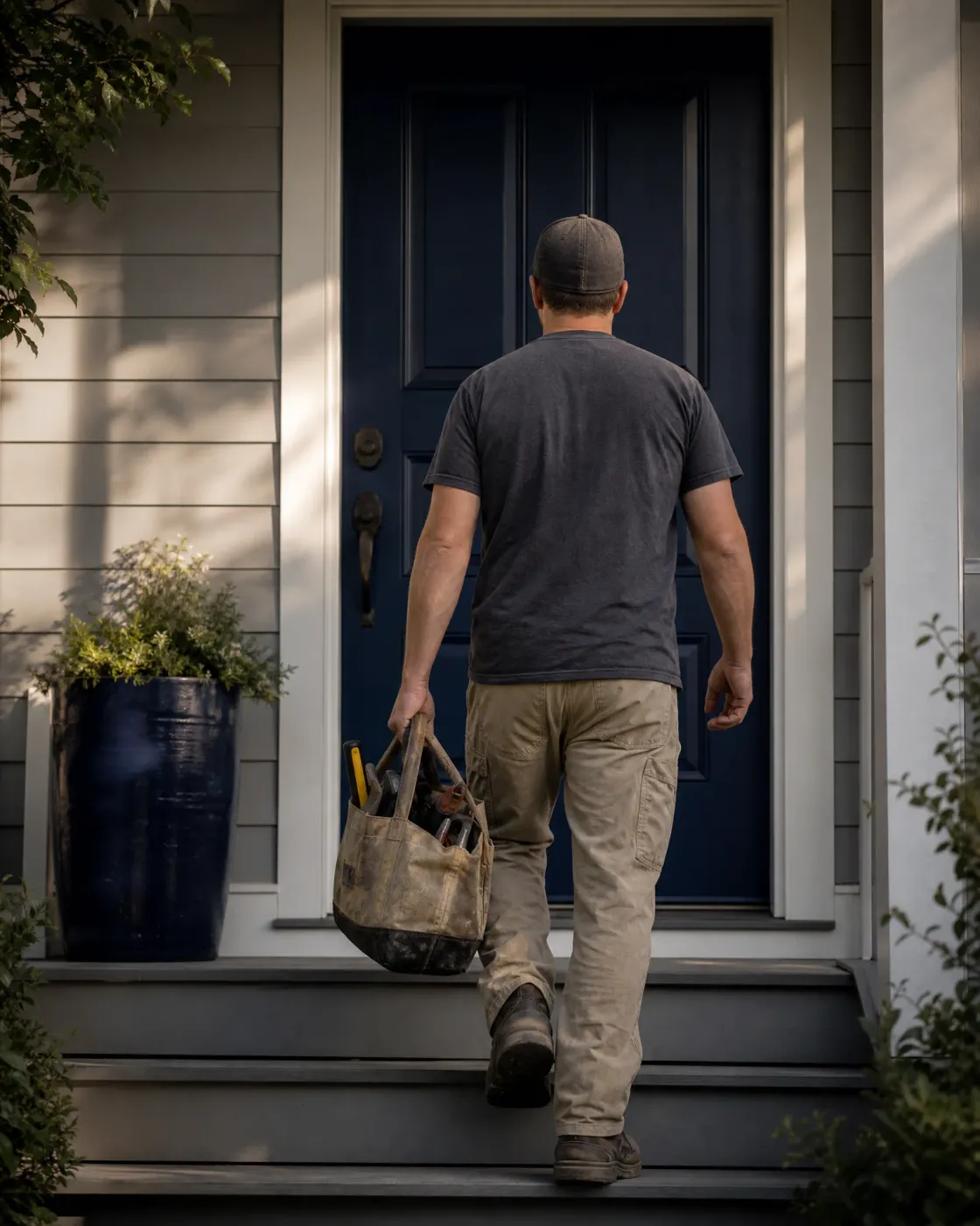 A man in a cap, gray T-shirt and tan work pants carries a canvas tool bag up porch steps toward a dark blue front door of a gray clapboard house, with a potted plant at left.