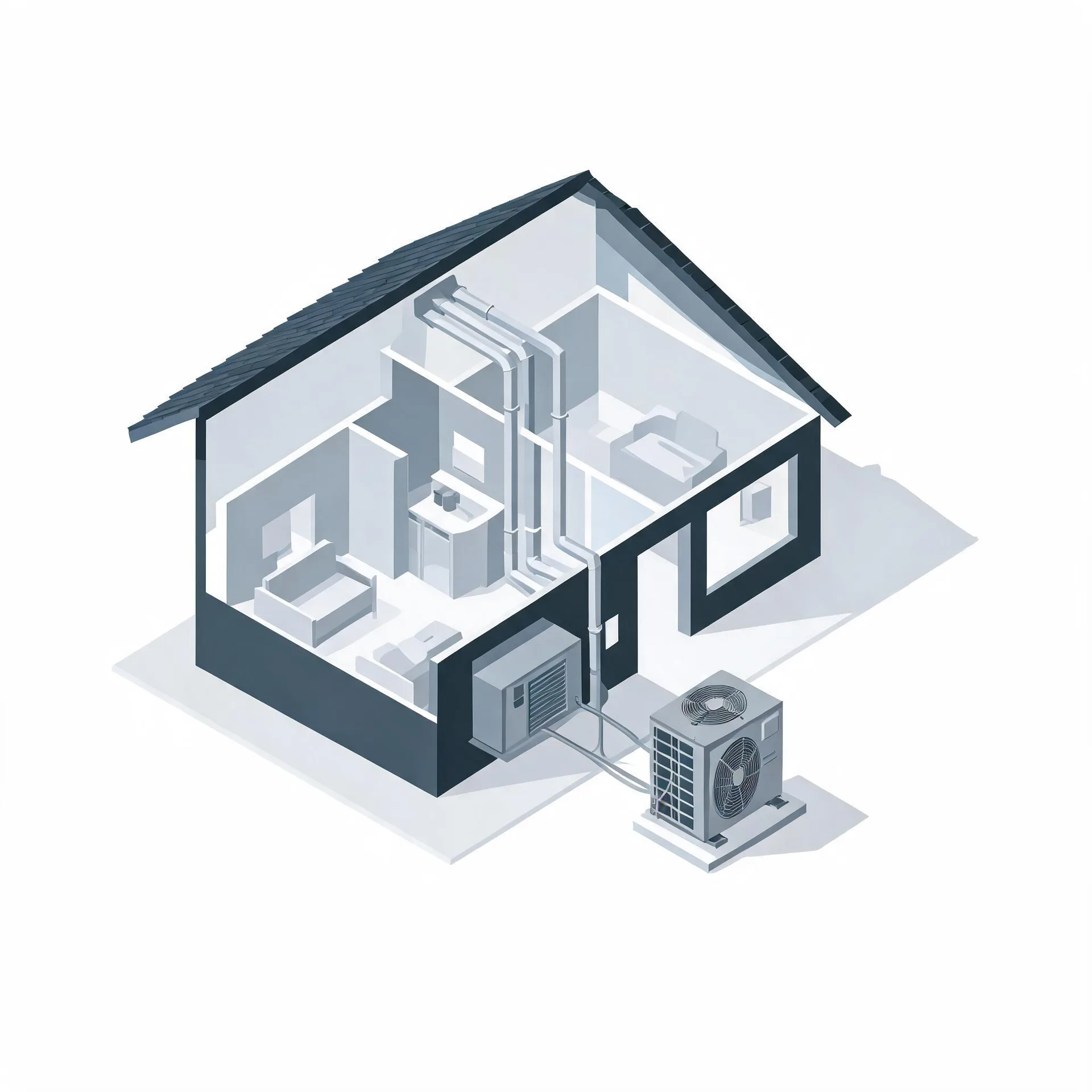 Isometric cutaway illustration of a small house showing interior rooms, ductwork, an indoor air handler, and an outdoor condenser unit connected by lines, on a plain white background.