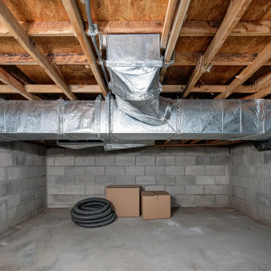 Unfinished basement with concrete block walls and floor, exposed wood floor joists, large sheet-metal HVAC trunk duct with an insulated flexible connection, and two cardboard boxes beside a coiled black corrugated pipe.