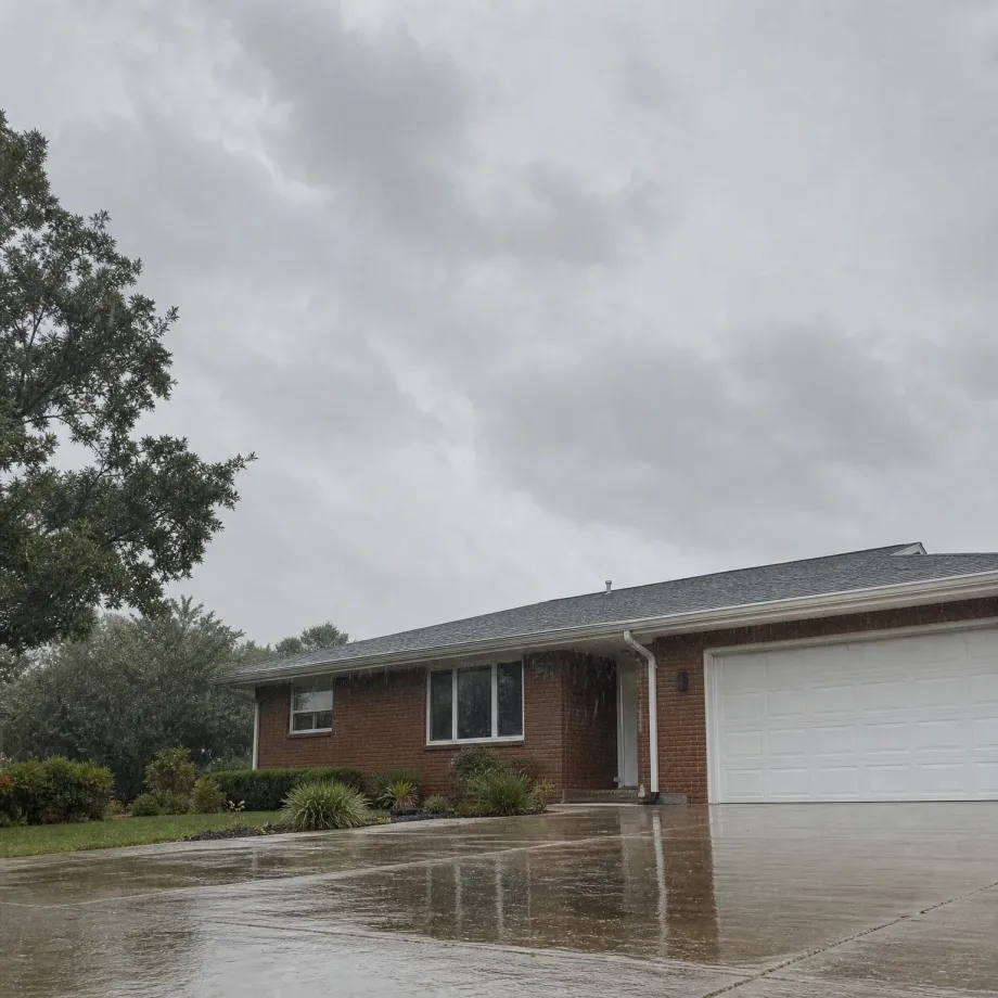 A single-story brick ranch house with an attached two-car garage and white door, seen under an overcast sky with rain falling on a wet concrete driveway, with shrubs and a large tree at left.