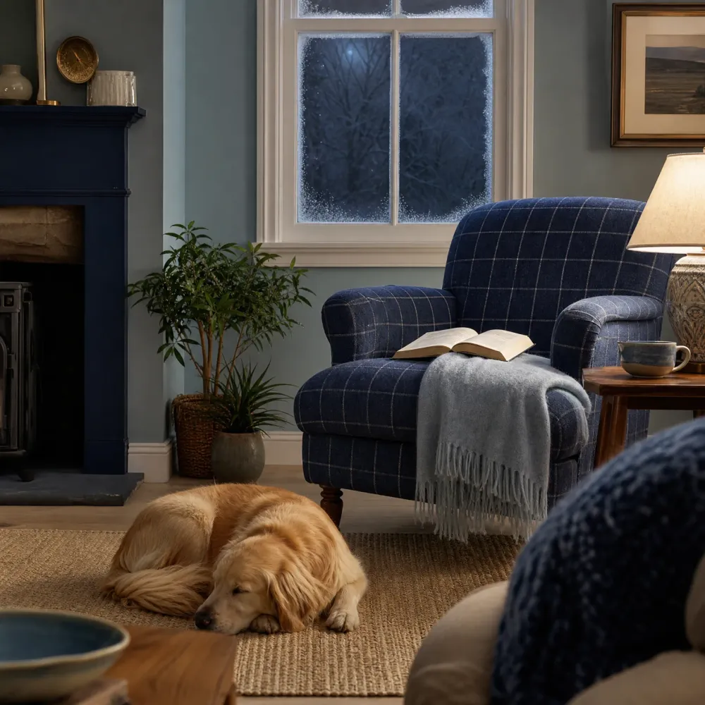 A golden retriever sleeps on a woven rug in a living room with a navy plaid armchair holding an open book and a gray fringed throw, beside a dark fireplace, potted plants, a lit table lamp and mug, and a frosted window at night.
