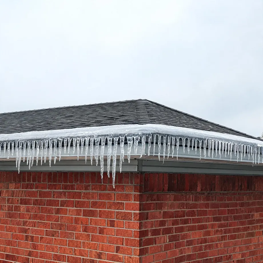 Corner of a red brick building with a dark shingled hip roof, a row of icicles hanging from the ice-covered gutter, under an overcast white sky.