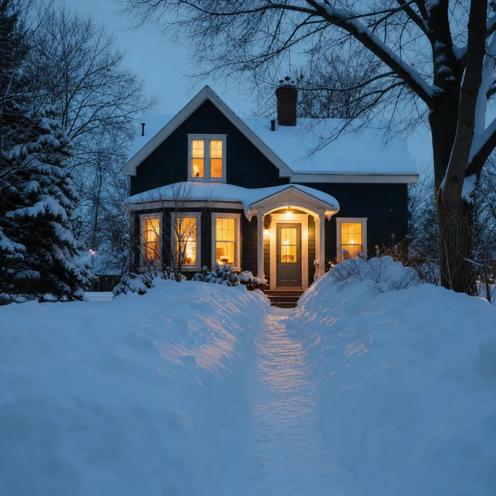 A dark-sided two-story house with lit windows and a small covered porch at dusk, fronted by a narrow shoveled path through deep snow, with bare trees and evergreens around it.