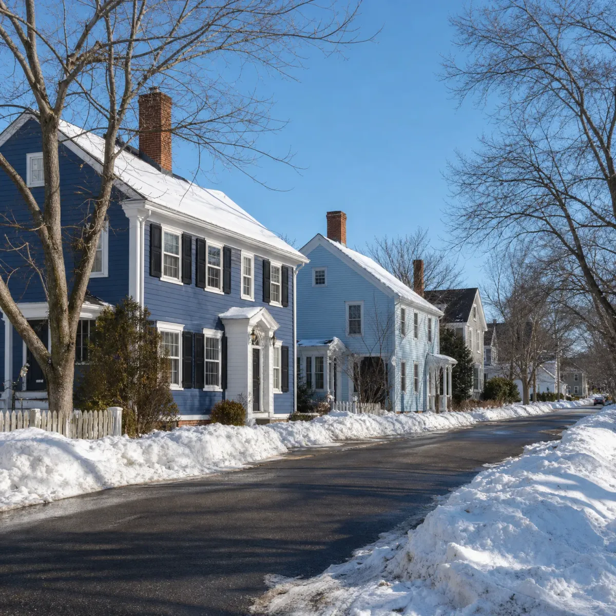 A plowed residential street lined with snowbanks, with blue and white clapboard houses, brick chimneys, a white picket fence, and bare trees under a clear sky.