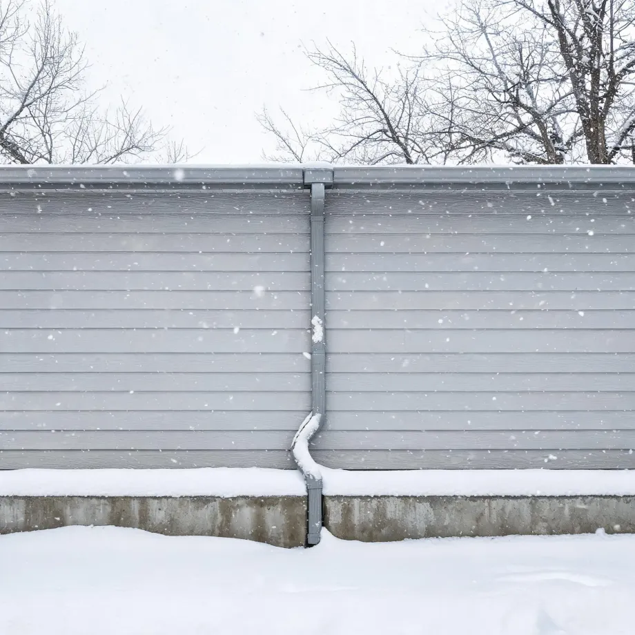 Gray horizontal lap siding on a building wall with a downspout running down the center to a concrete foundation, with snow on the ground, falling snowflakes, and bare trees above the roofline.