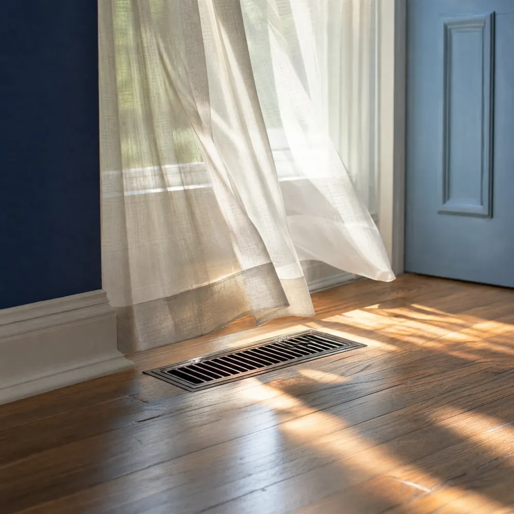 A metal floor register set into a hardwood floor near a window with sheer curtains, with sunlight casting shadows across the boards beside a dark blue wall and white baseboard.