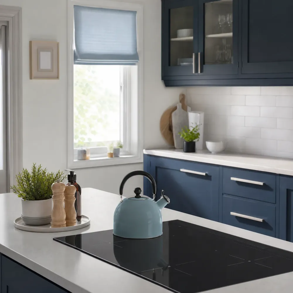 A kitchen with navy blue cabinets, white subway tile backsplash and a light countertop island holding a pale blue stovetop kettle on a black induction cooktop, with a potted plant, salt and pepper mills on a tray, and a window with a blue shade in the background.