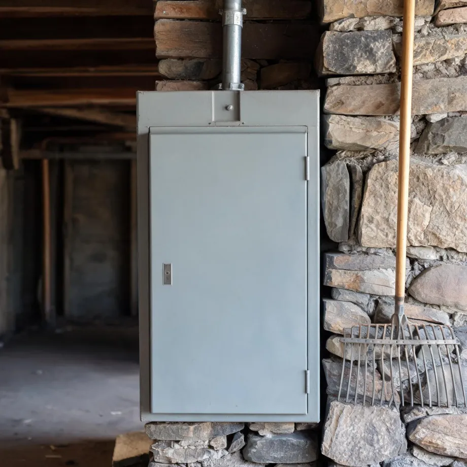 A gray metal electrical panel with a closed hinged door mounted on a dry-stacked stone wall, with a metal conduit entering the top and a pitchfork leaning against the stone to the right.