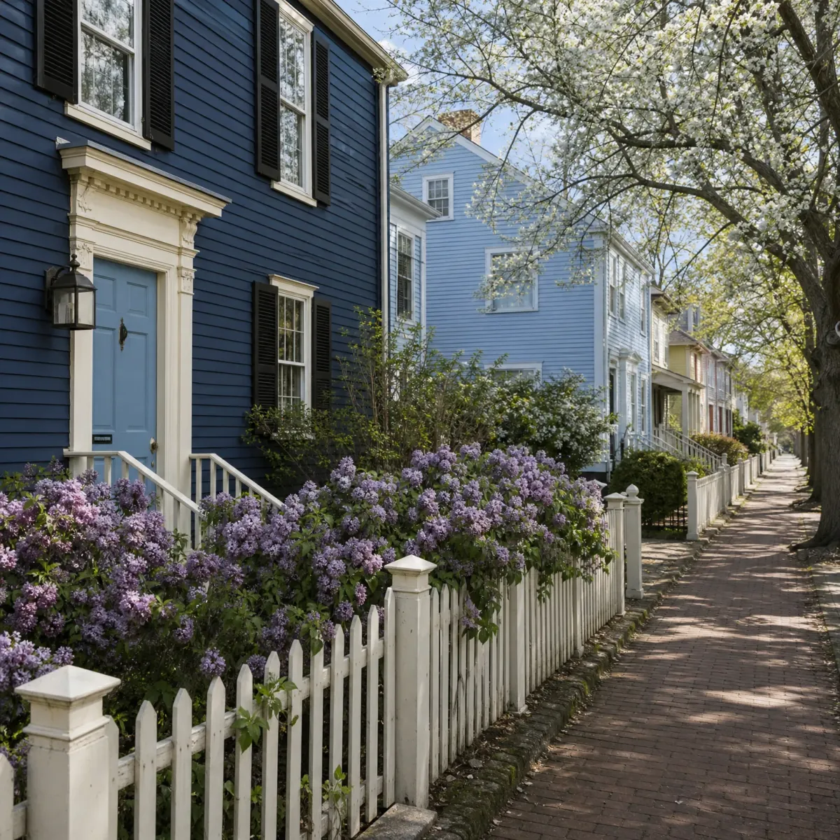 A dark blue clapboard house with black shutters and a white door surround stands behind a white picket fence with blooming purple lilacs, beside a brick sidewalk lined with pale blue and cream houses and flowering trees.