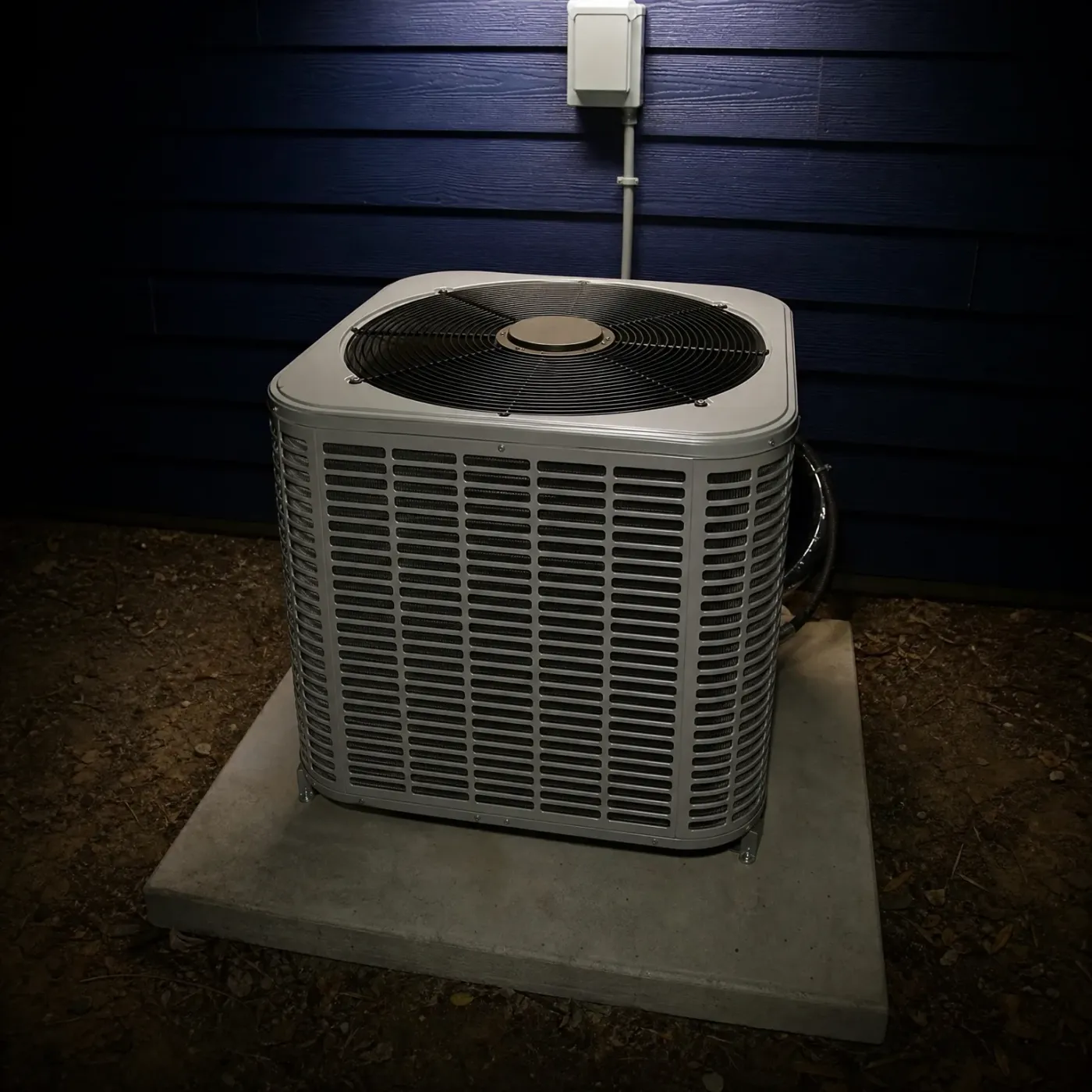 An outdoor air conditioning condenser unit on a concrete pad beside a dark horizontal-sided wall, with a conduit and electrical disconnect box above it, photographed at night.