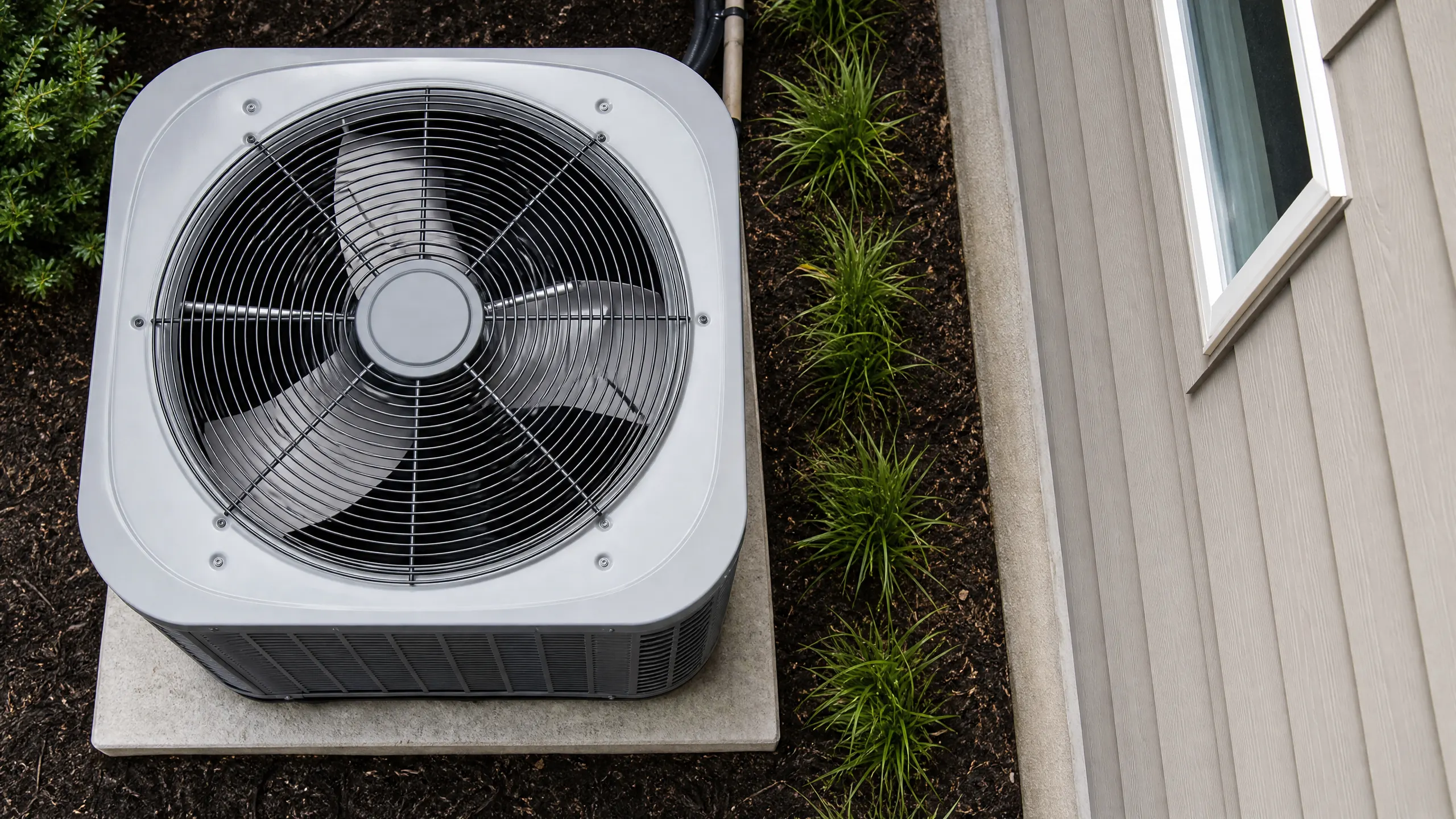 An outdoor air conditioning condenser unit on a concrete pad next to the gray vinyl siding of a residential home.
