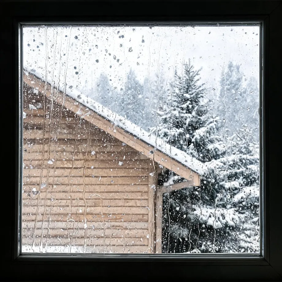 View through a dark-framed window with water droplets and streaks on the glass, showing a snow-covered gable roof of a wood-sided building and snow-laden conifer trees under a pale sky.