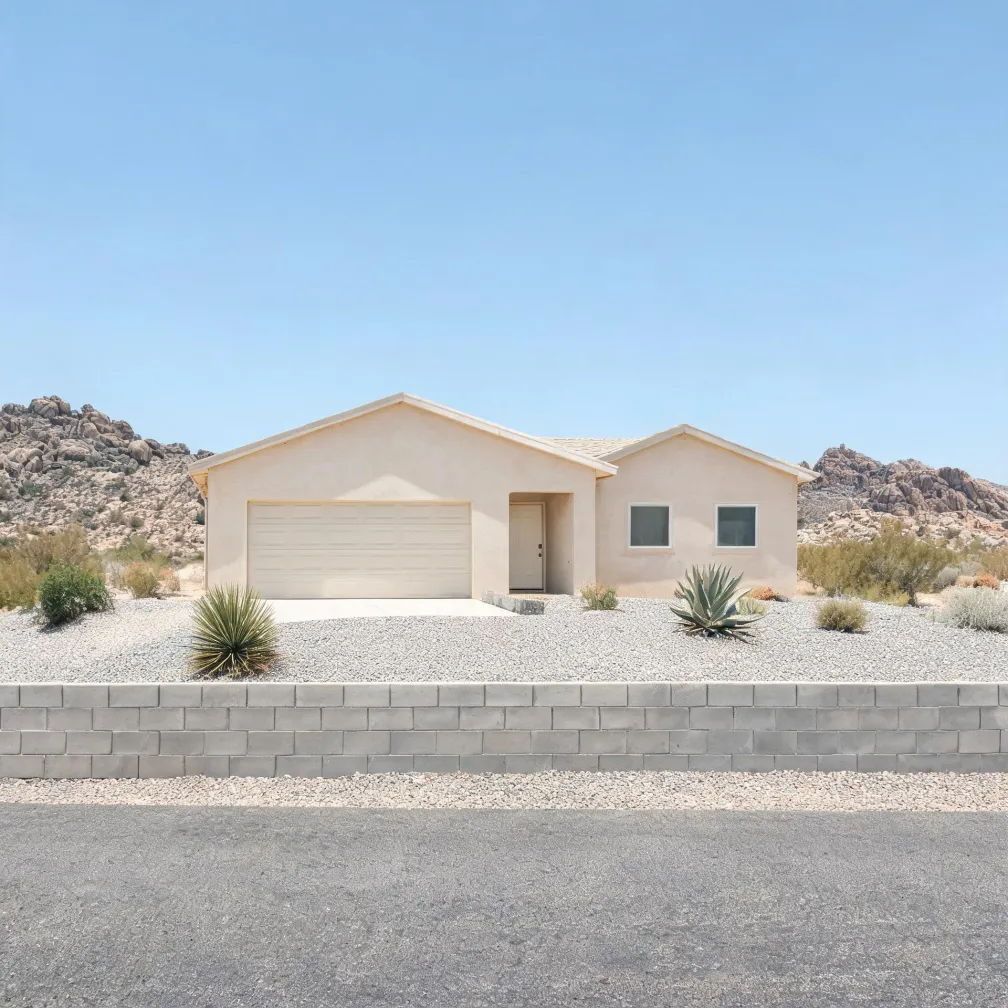 A single-story beige stucco house with an attached two-car garage sits behind a gravel yard with agave and yucca plants, a gray concrete block wall, and a paved road in the foreground, with rocky hills under a clear blue sky behind.