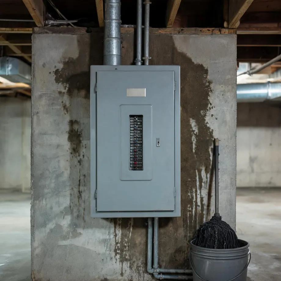 A gray electrical panel with its door open, mounted on a stained concrete basement wall with exposed joists, ducts and conduit above, and a mop in a bucket on the floor to the right.