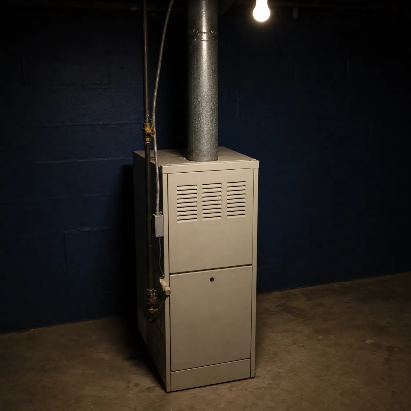 A beige furnace with a louvered upper panel stands against a dark blue painted block wall in a basement, with a metal flue pipe rising from its top, flexible conduit and copper gas piping at its side, and a bare light bulb glowing overhead.