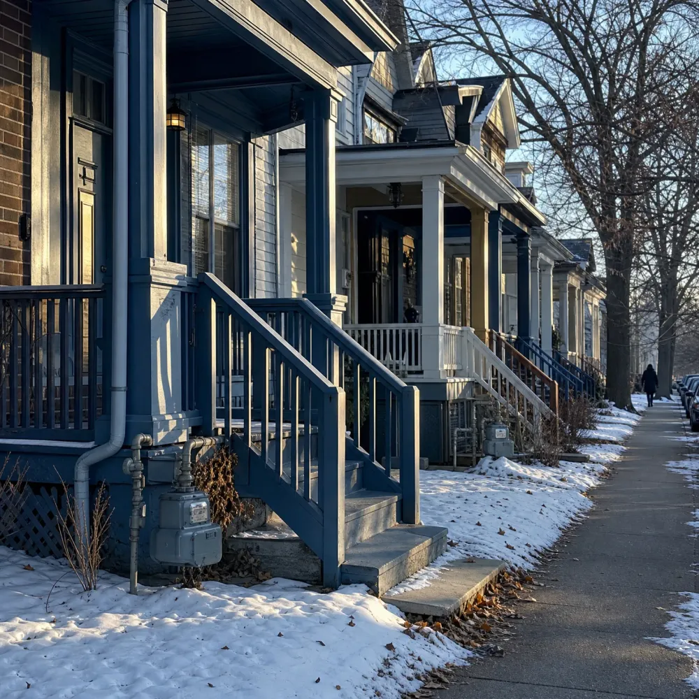 A row of houses with blue-painted porches and front steps along a snow-edged sidewalk, with bare trees and a distant person walking away.