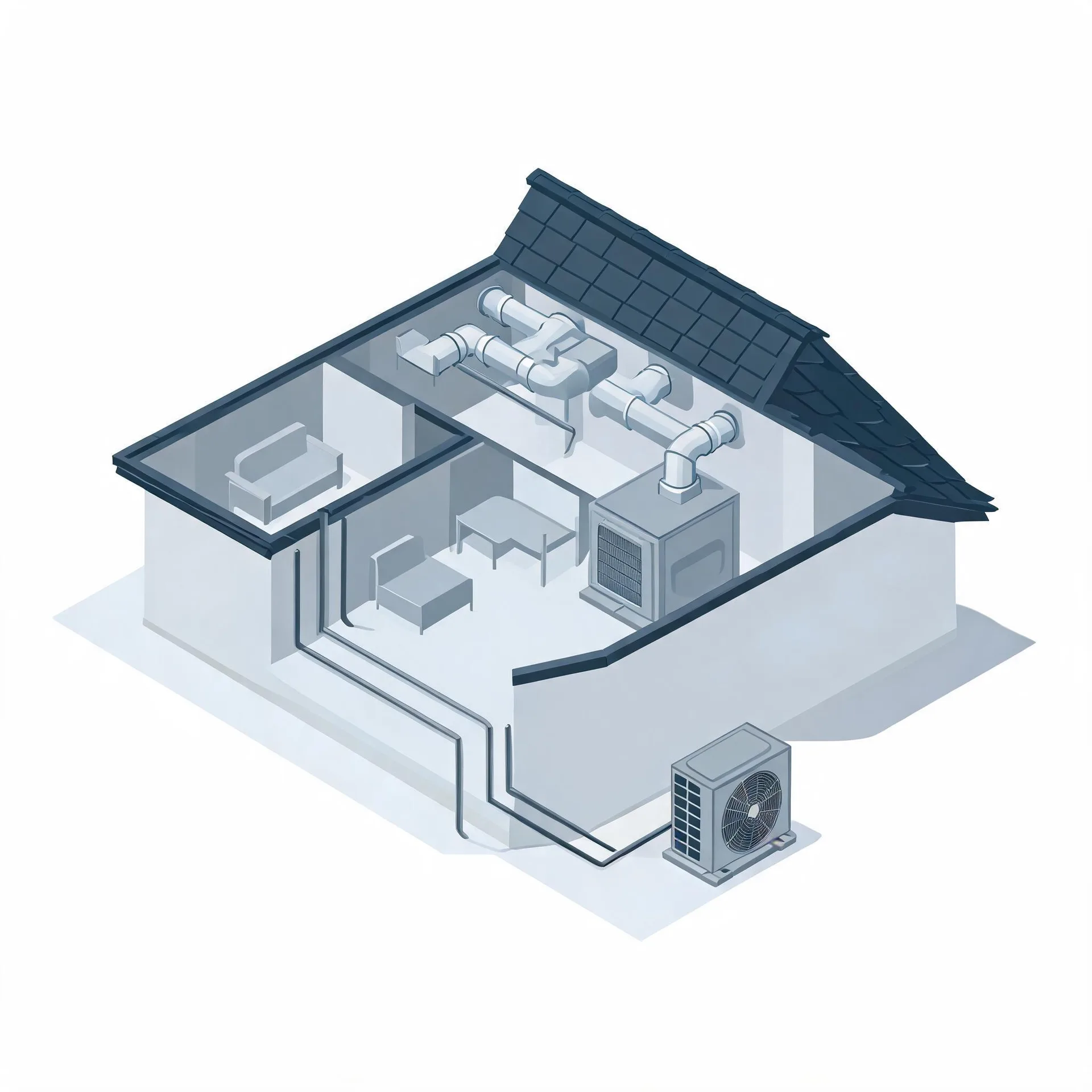 Isometric cutaway illustration of a house showing attic ductwork, an indoor air handler, refrigerant lines running outside, and an outdoor condenser unit on a pad.