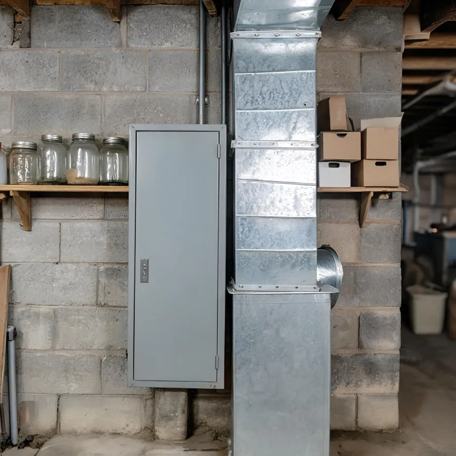 A basement interior with a large galvanized sheet-metal duct running vertically along a concrete block wall, next to a gray metal cabinet, a wooden shelf holding glass canning jars, and cardboard boxes on a shelf to the right.