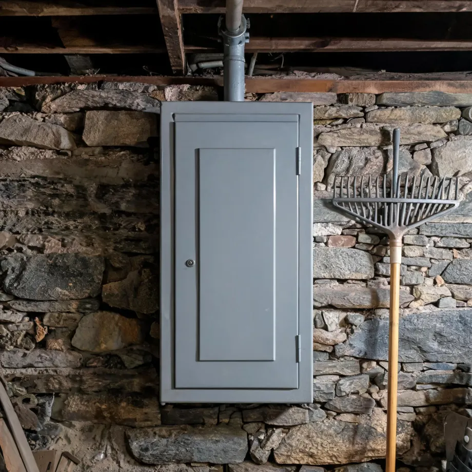 A gray metal cabinet door mounted on a dry-stacked stone basement wall beneath wooden joists, with a conduit pipe entering its top and a leaf rake leaning against the wall to the right.