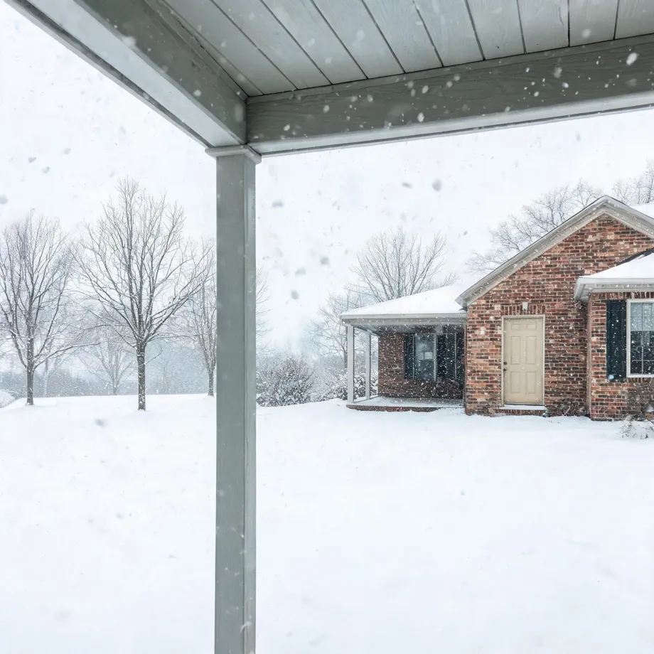 View from under a covered porch with a gray post toward a single-story brick house with a beige door, surrounded by deep snow, bare trees, and falling snowflakes.