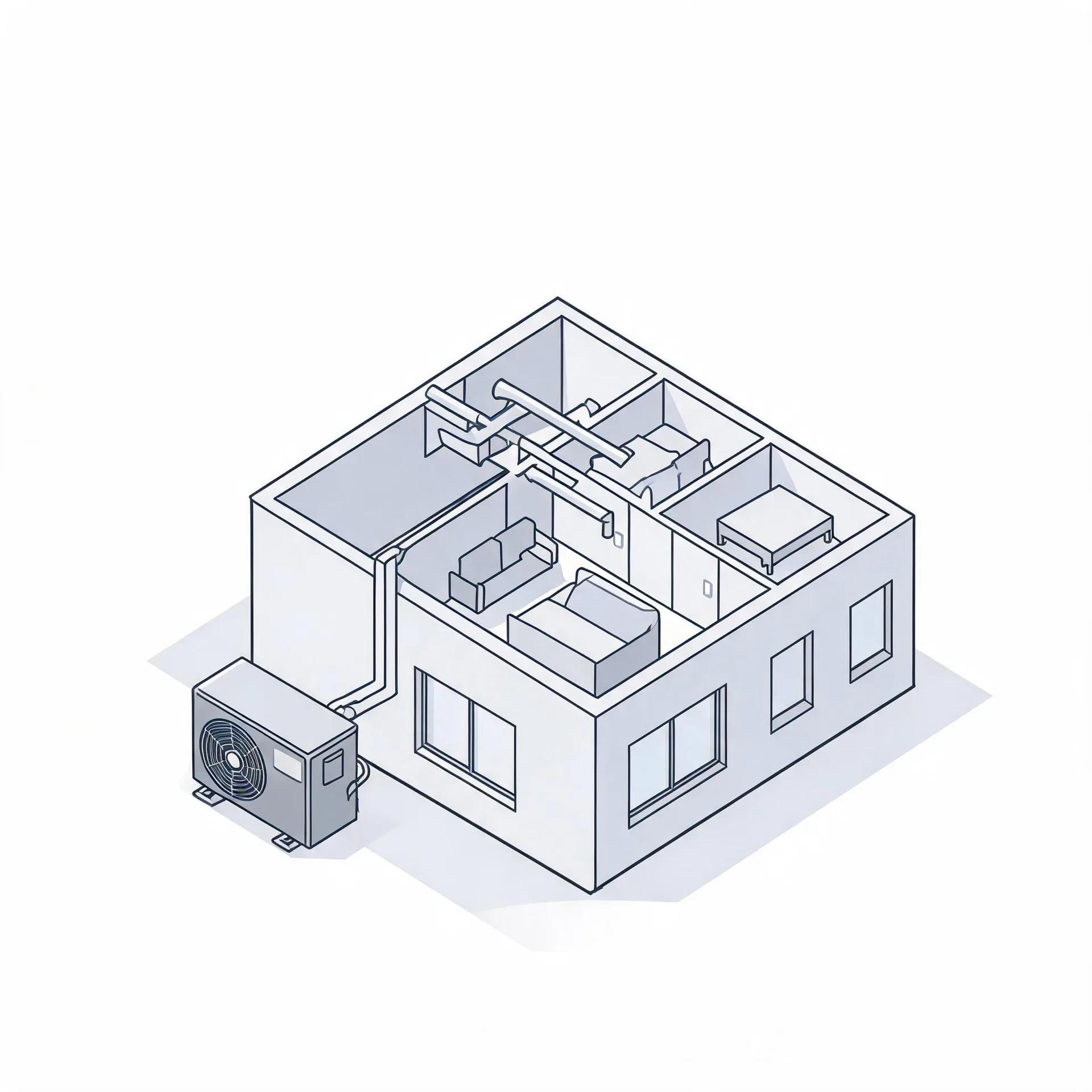 Isometric line illustration of a cutaway single-story house showing interior rooms with furniture and ceiling ductwork, connected to an outdoor condenser unit on the ground outside the left wall.