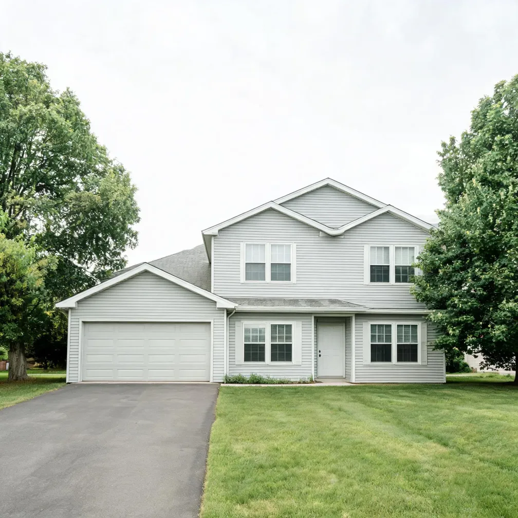 Two-story light gray vinyl-sided house with an attached two-car garage, white trim windows and door, an asphalt driveway, mown lawn, and large deciduous trees on both sides under an overcast sky.