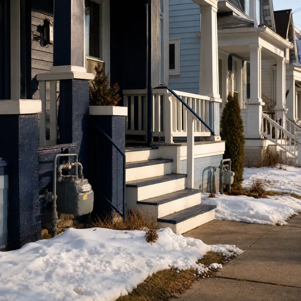 A row of houses with covered porches, white railings and exterior gas meters, with snow on the ground beside a concrete sidewalk in low sunlight.